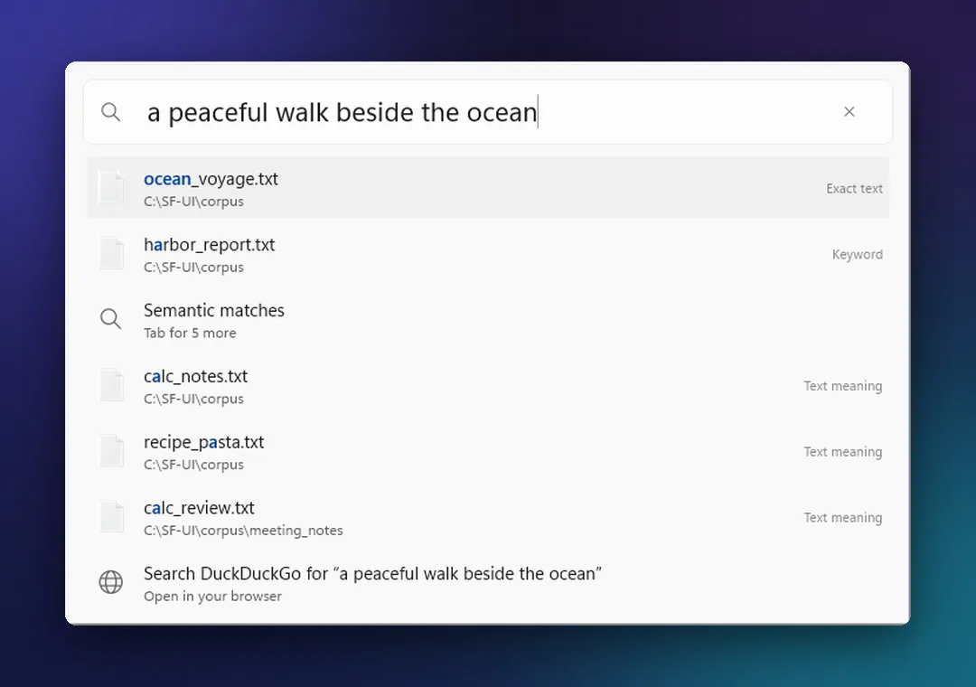 Kenrook Launch on Windows 11 with the search “a peaceful walk beside the ocean”: a text file about an ocean voyage at the top, files that match by meaning below it, and a web search row at the bottom.