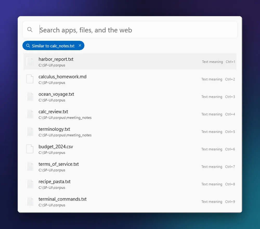 Kenrook Launch on Windows 11 showing a list of files similar to a notes file, under a “Similar to” label with a button to clear it.